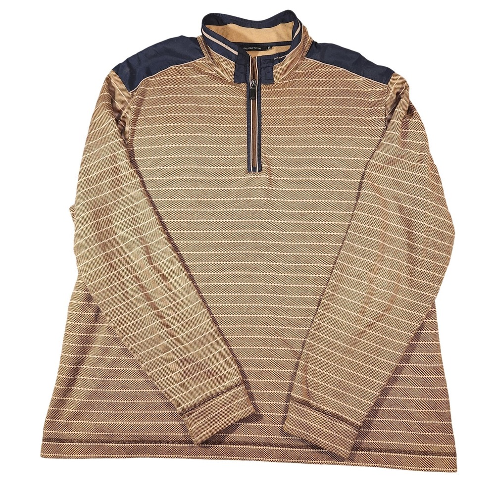 Bugatchi Quarter Zip Sweater Mens 2XL Brown‎ Navy Striped Pullover Cotton Wool